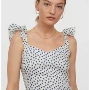H&M Linen Blend Polka Dot Blouse White Lightweight Summer Casual Chic Sz L‎